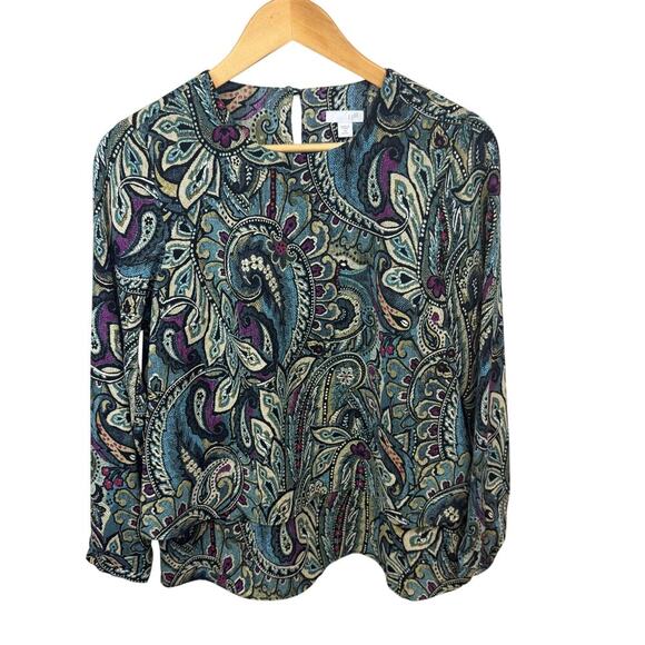 J Jill Long Sleeve Carmine Blouse Teal Green Paisley Double Layer Hem Women's XS - Picture 2 of 9